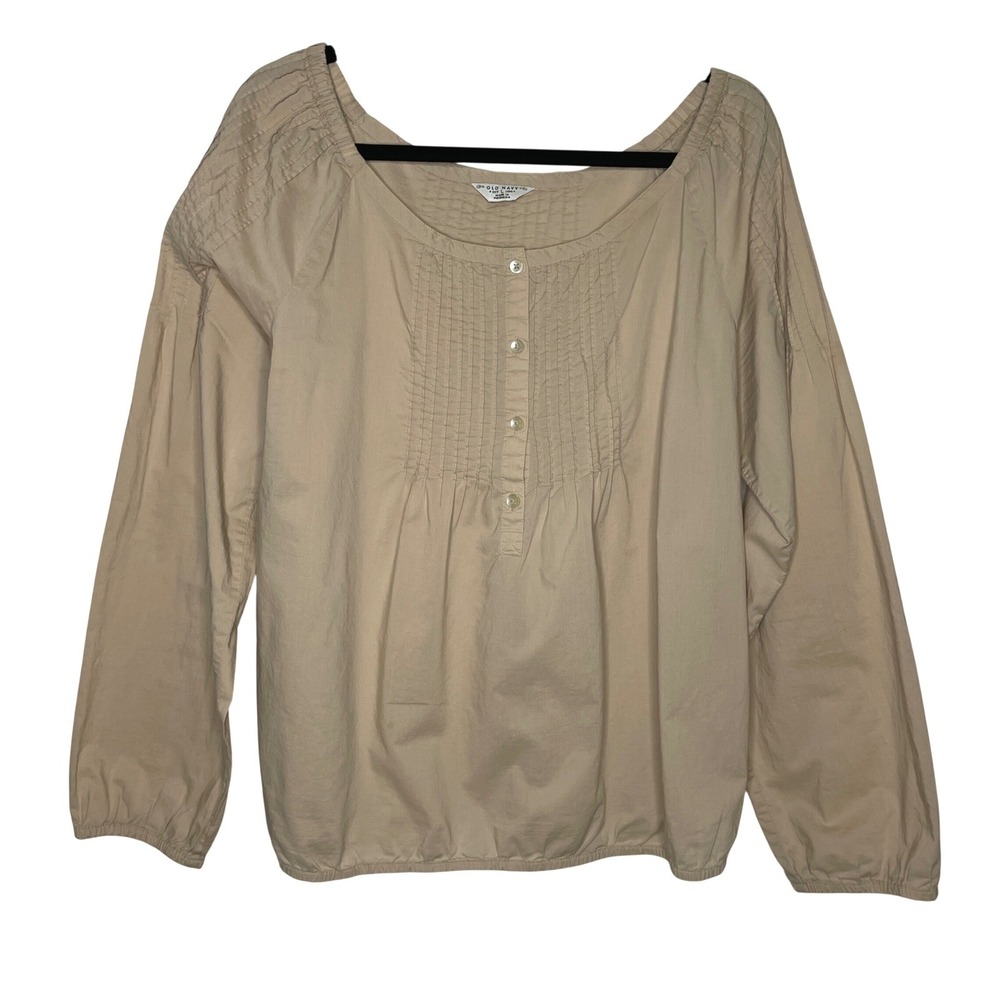 Old Navy Top Womens L Tan Pintuck Pleated Cotton Coastal Grandma Peasant Blouse